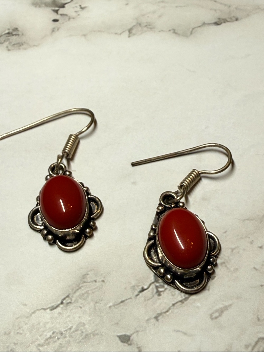 Red coral Oval Stone Drop Earrings - Silver Tone